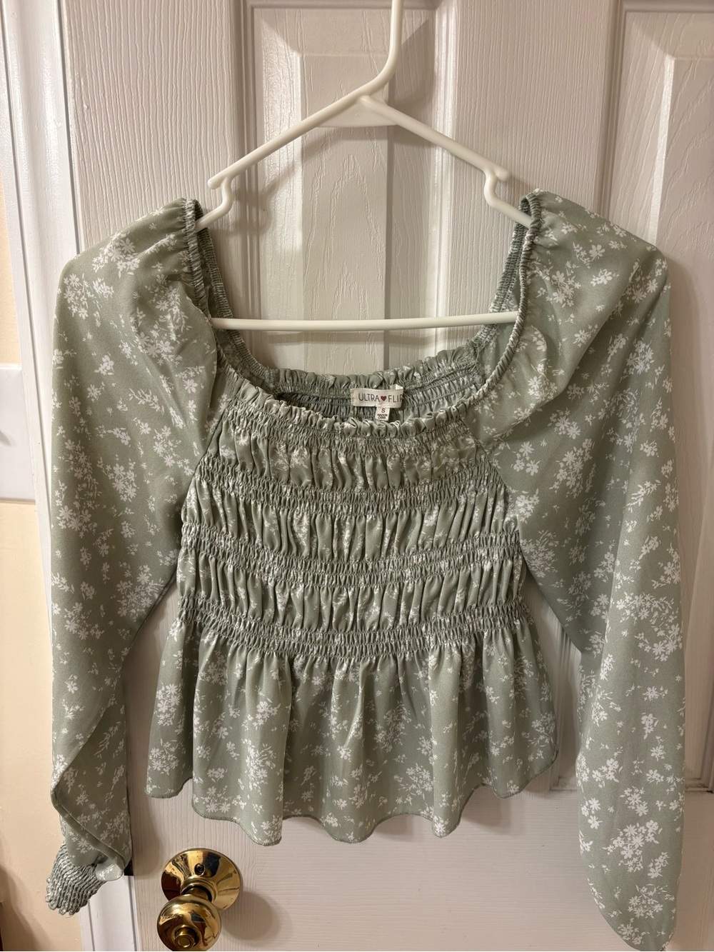 Ultra Flirt Sage Green Floral Smocked Peplum Blouse